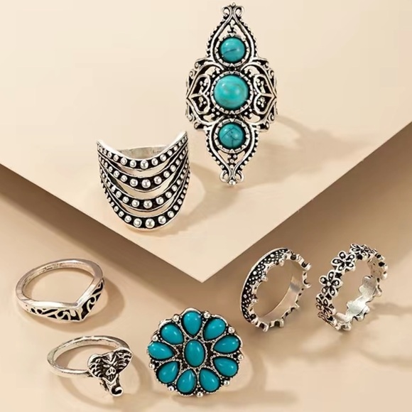 Boho Turquoise Silver Elephant Ring Set 7pc - Picture 4 of 5